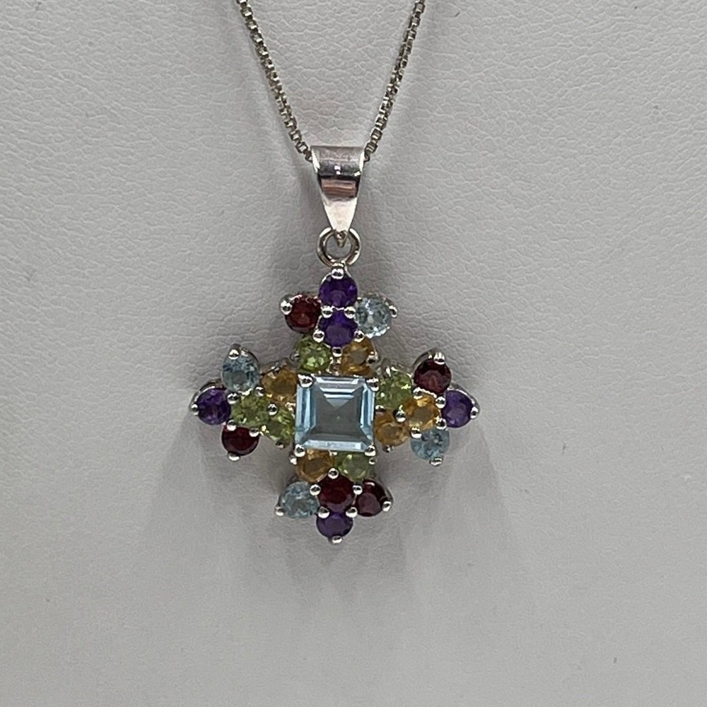 GSJ Sterling Multi Color Gemstones Signed Cross Pendant Necklace Garnet Topaz